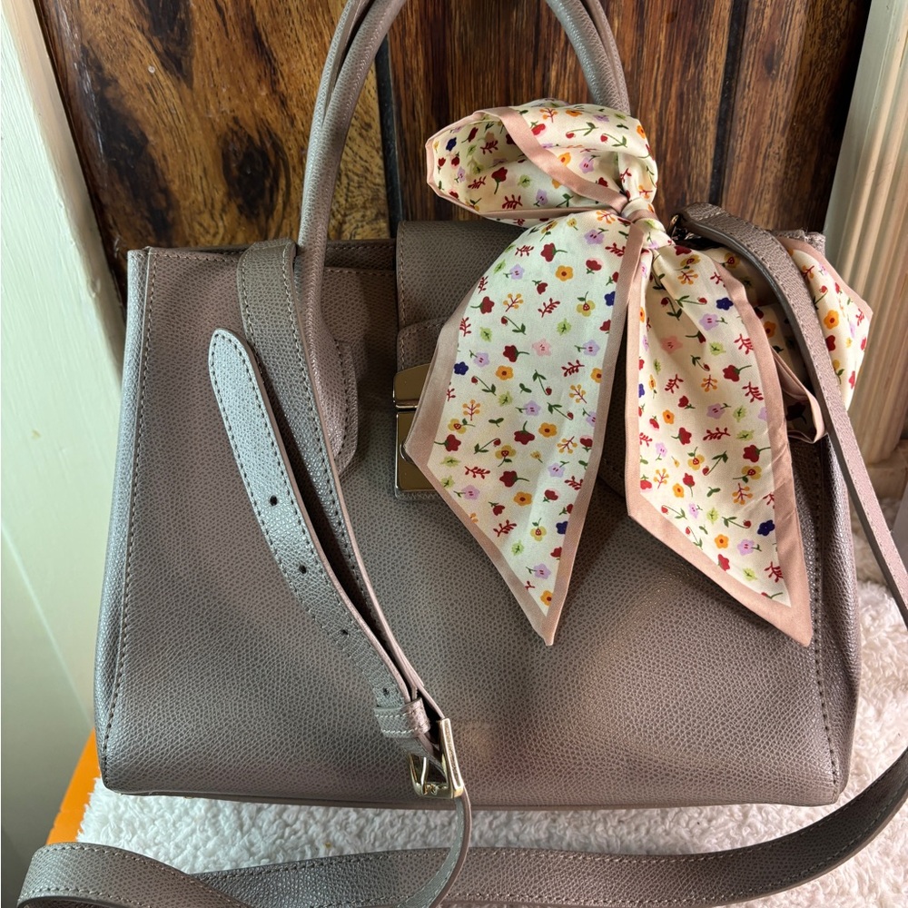 Furla Leather Elegant Taupe Handbag Crossbody Bag with Floral Scarf 🧣